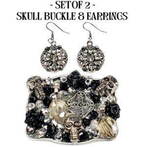 Gothic Silver Embellished Skull & Cross Handcrafted Buckle & Earrings.